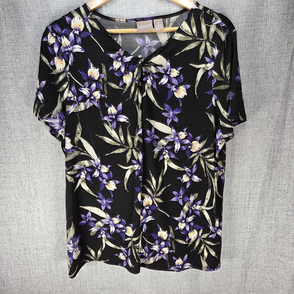 Chico's Short Sleeve Business Blouse V Neck Size:2 (L) Floral Black/Purple